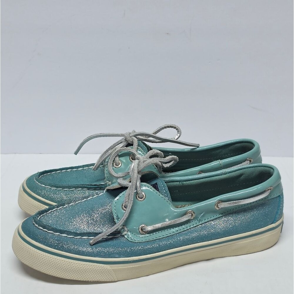 Sperry Bahama Turquoise Teal Sparkle Suede Women's Boat Shoes 7.5